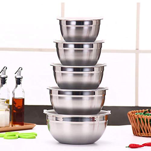 JUNSHUO Cuencos para Mezclado de Acero Inoxidable Set de 5 Boles de Cocina con Tapa 1L, 1.5L, 2L, 2,5L，3L, Tazon Mezclador Cuencos,apilable para un Almacenamiento mínimo,cocina de utensilios