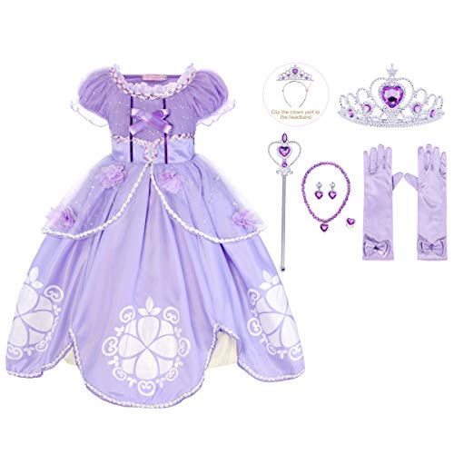 Jurebecia Las niñas se Visten Princesa Traje de Sofia Vestidos de Fiesta para niños Outfit Childs Vestido de Cosplay de cumpleaños de Halloween con Accesorios