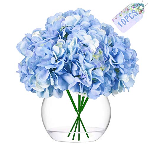 JUSTIDEA Flores Artificiales Hortensia Flor Falsa Ramo de Flores Azul para Decoración de Boda Hogar (10 Piezas)