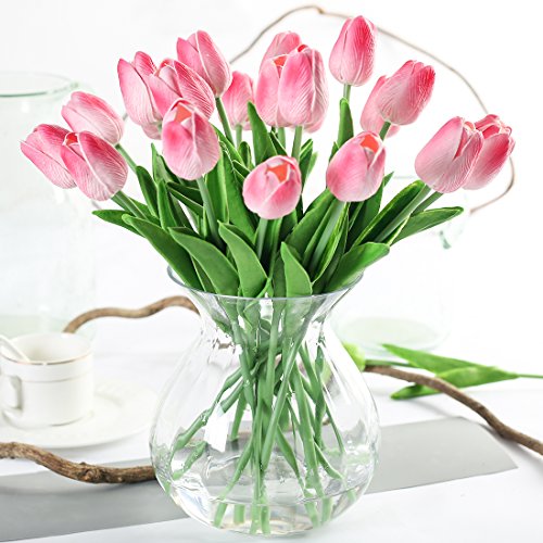 JUSTOYOU Tulipán, Toque Real, 33 cm de Largo, Flores Artificiales Decorativas para Ramos de Boda, hogar, Hotel, jardín, Actividades de Navidad, Regalos, Telas, rosa-10