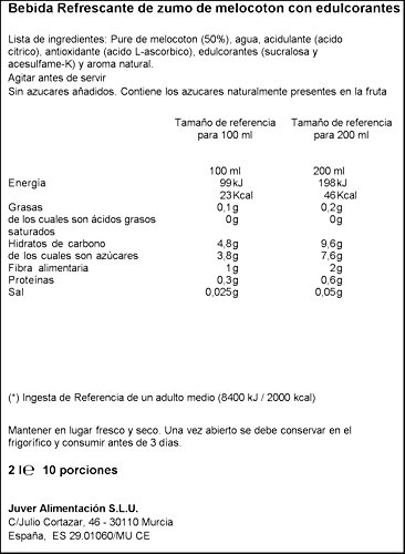 Juver - Melocotón, Bebida Refrescante Sin Azúcar, 2 L