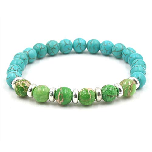 JXKA Pulsera Hombre Punk Pulsera Turquesa de 8 mm Piedra Natural Fruta Azul Pulsera de Piedra del Emperador Verde-Alabastro