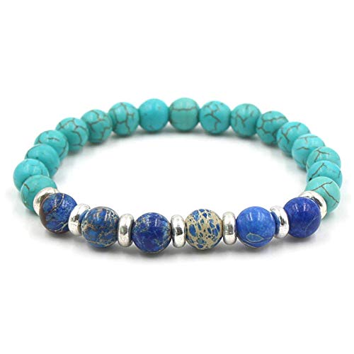 JXKA Pulsera Hombre Punk Pulsera Turquesa de 8 mm Piedra Natural Fruta Azul Pulsera de Piedra del Emperador Verde-Alabastro