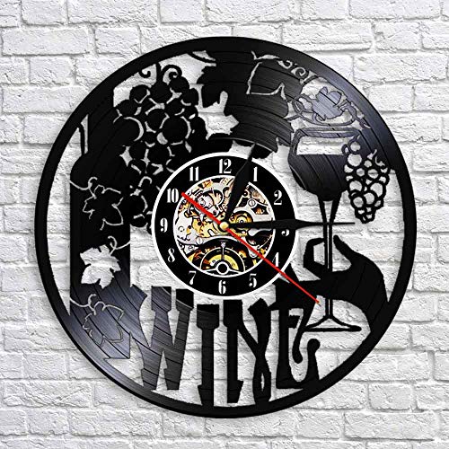 JXWH Etiqueta de Vino Reloj de Pared Bodega Botella Vidrio Vid Bebida Bebida Vino Licor Bar Barra Etiqueta Emblema Disco de Vinilo Reloj de Pared