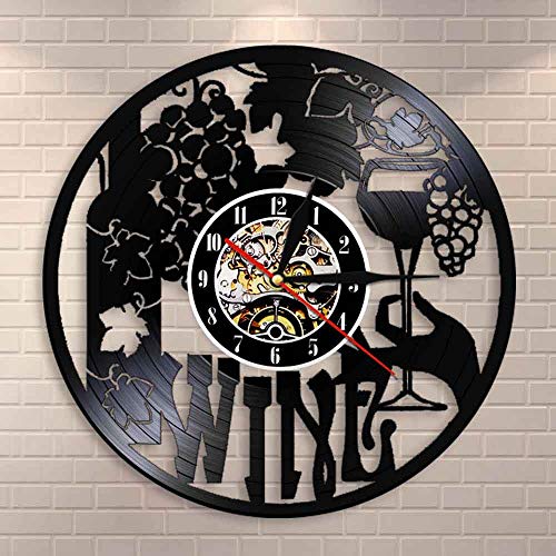 JXWH Etiqueta de Vino Reloj de Pared Bodega Botella Vidrio Vid Bebida Bebida Vino Licor Bar Barra Etiqueta Emblema Disco de Vinilo Reloj de Pared