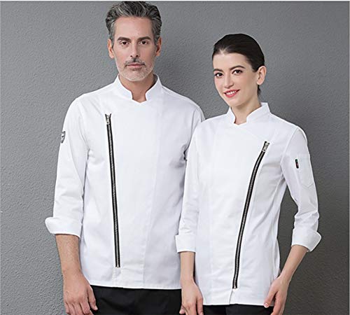 JYCDD Nombre bordado unisex mujer chef hombre chaqueta blanca negro abrigos Cook ropa collar Trim blanco 3XL