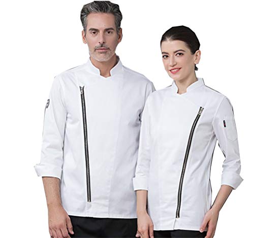 JYCDD Nombre bordado unisex mujer chef hombre chaqueta blanca negro abrigos Cook ropa collar Trim blanco 3XL