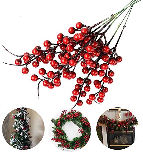 Jycra Bayas rojas artificiales de Navidad, paquete de 10 bayas de flor de acebo de bayas de fruta falsa para decoración de fiesta navideña de árbol de Navidad - 26cm