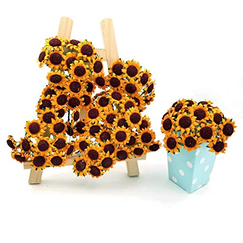 JZK 100 Amarillo pequeño Flores Artificiales Girasol Helianthus Ramo con Tallo de Hierro para Manualidades decoración Caja Favor Boda DIY Tarjeta invitación Accesorio Adorno Caja Regalo