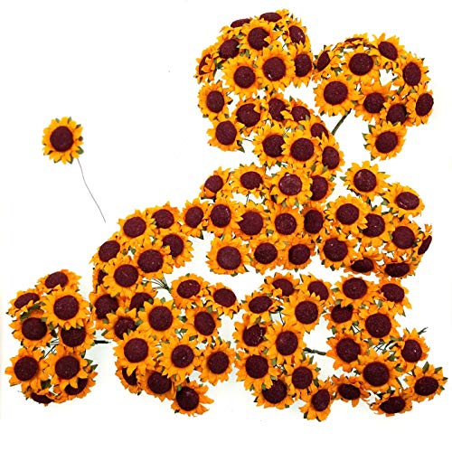 JZK 100 Amarillo pequeño Flores Artificiales Girasol Helianthus Ramo con Tallo de Hierro para Manualidades decoración Caja Favor Boda DIY Tarjeta invitación Accesorio Adorno Caja Regalo