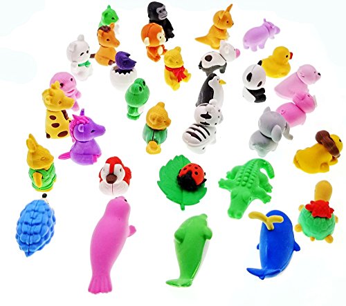 JZK 32 x Gomas borrar Animal pequeño Borrador Juguete Desmontable para niños Regalo Fiesta de cumpleaños Navidad Oficina Escuela papeleria Suministros