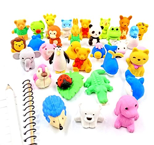 JZK 32 x Gomas borrar Animal pequeño Borrador Juguete Desmontable para niños Regalo Fiesta de cumpleaños Navidad Oficina Escuela papeleria Suministros