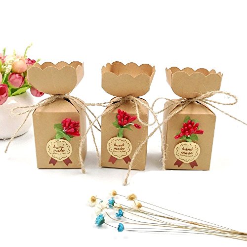 JZK 50 Cajas favor Kraft con línea yute + flores + pegatinas, caja dulces caramelos papel para boda cumpleaños navidad baby shower fiesta graduación