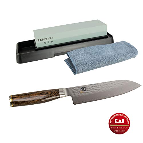 Kai Shun Premier Tim Mälzer TDM-1702 - Juego de cuchillos japoneses Santoku (hoja de 18 cm, piedra de afilar de Kai, AP-0305, incluye gamuza limpiadora)