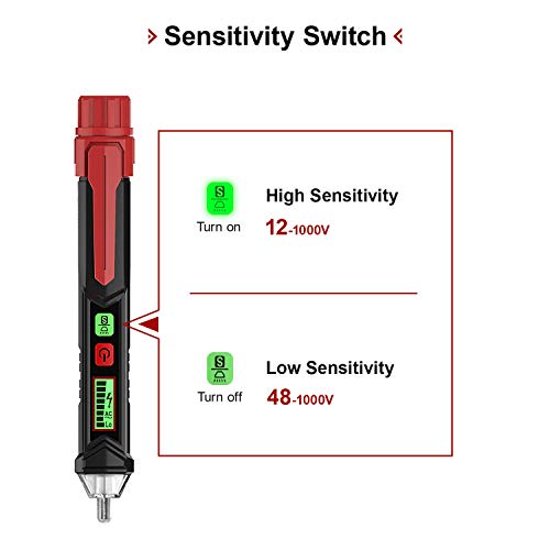 KAIWEETS Detector de Voltaje sin Contacto, Doble Rango 12V-1000V/48V-1000V Detector de Tensión para Distinción de la Fase/Neutro, Dual Sensibilidad, NCV, Punto de Interrupción, Alarma, Linterna, LCD