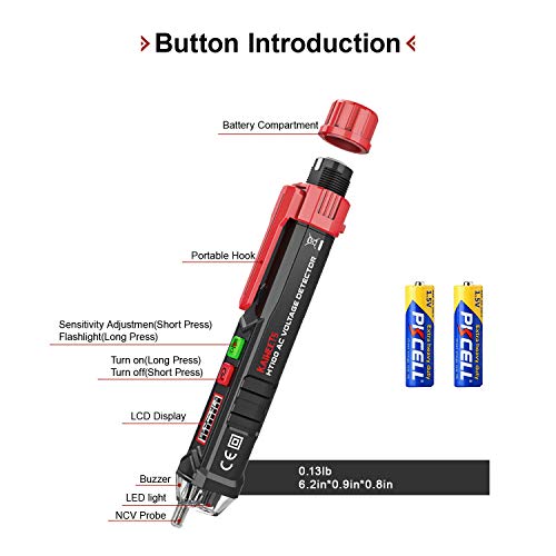 KAIWEETS Detector de Voltaje sin Contacto, Doble Rango 12V-1000V/48V-1000V Detector de Tensión para Distinción de la Fase/Neutro, Dual Sensibilidad, NCV, Punto de Interrupción, Alarma, Linterna, LCD