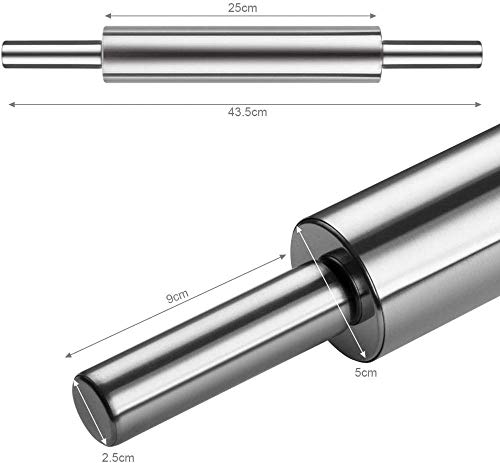 KAIXIN Rolling Pin In Stainless Steel, 43.5Cm Rolling Pin In Metal for Sugar Paste, Ravioli, Biscuits, Tortellini, Sweets and Pizza