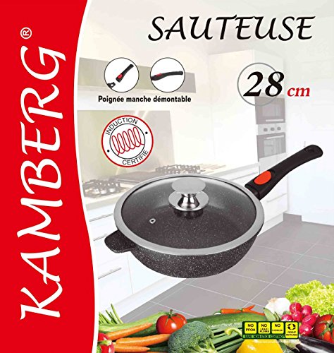 Kamberg - 0008027 - Sartén Profunda 28 cm - Mango Extraíble - Aluminio Fundido - Revestimiento Piedra antiadherente - Tapa de Vidrio - Todos los incendios, incluida la inducción - Sin PFOA