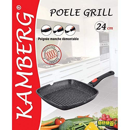 Kamberg - 0008028 - Sartén Parrilla 24 x 24 cm - Mango Extraíble - Aluminio Fundido - Revestimiento Piedra antiadherente - Todos los incendios, incluida la inducción - Sin PFOA