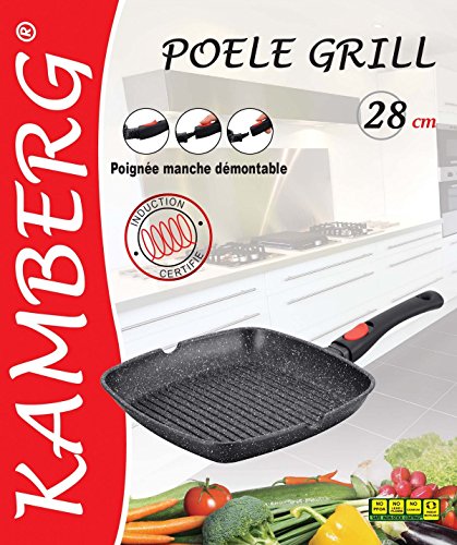 Kamberg - 0008029 - Sartén Parrilla 28 x 28 cm - Mango Extraíble - Aluminio Fundido - Revestimiento Piedra antiadherente - Todos los incendios, incluida la inducción - Sin PFOA