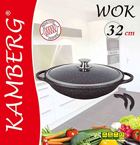 Kamberg - 0008046 - Wok 32 cm - Aluminio Fundido - Revestimiento Piedra antiadherente - Tapa de Vidrio - Todos los incendios, incluida la inducción - Sin PFOA