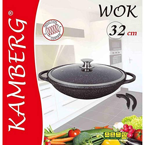 Kamberg - 0008046 - Wok 32 cm - Aluminio Fundido - Revestimiento Piedra antiadherente - Tapa de Vidrio - Todos los incendios, incluida la inducción - Sin PFOA