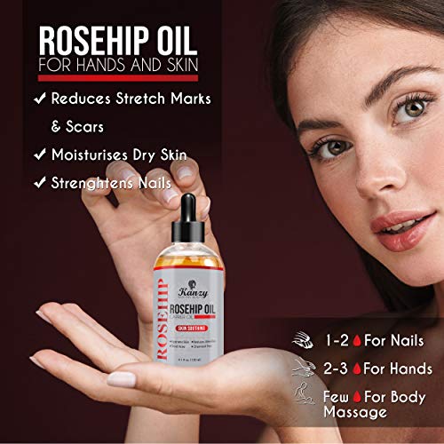 Kanzy Aceite de Rosa Mosqueta Puro 100% 120ml Orgánico Prensado en Frío Bio sin Refinar Rosehip Oil usado como Hidratante para Cara, Cabello, Uñas, Cuerpo y Piel