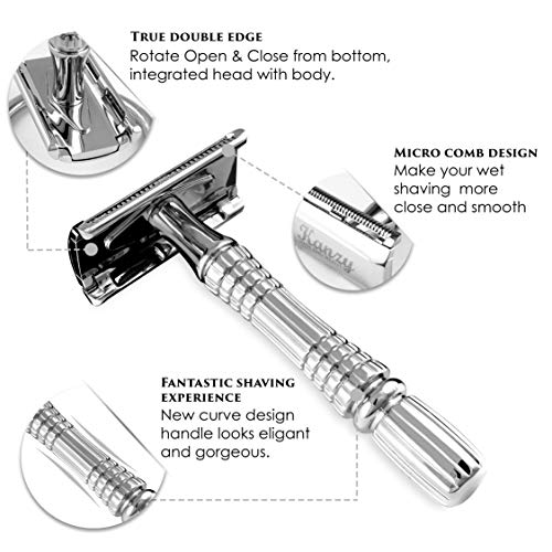 Kanzy Maquinilla de Afeitar Clasica de Doble Filo para Hombre y Mujer Afeitado Manual Safety Razor, Set de Afeitado con Espejo Integrado Adecuado para Todos Cuchilla de Afeitar Clasica