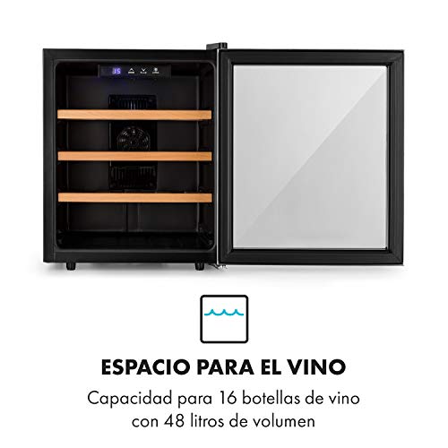 Karstein Reserva 16 Refrigerador de vino - Nevera termoeléctrica bebidas, Eficiencia B, 34 dB, 1 zona, 48 L, 16 botellas, 11-18 °C, Frente de vidrio, marco de acero inoxidable, Pantalla LED, Negro