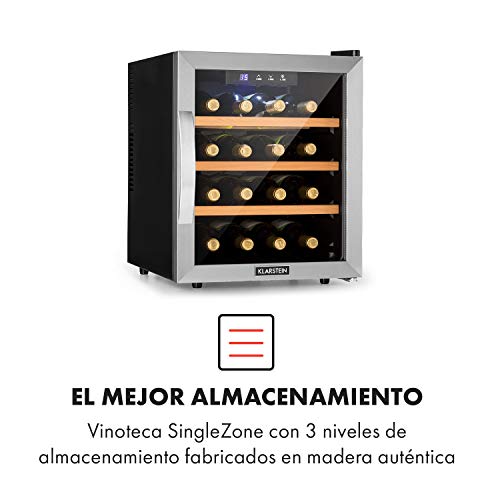 Karstein Reserva 16 Refrigerador de vino - Nevera termoeléctrica bebidas, Eficiencia B, 34 dB, 1 zona, 48 L, 16 botellas, 11-18 °C, Frente de vidrio, marco de acero inoxidable, Pantalla LED, Negro