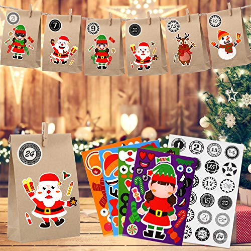 KATELUO 24 Pcs Calendario de Adviento de Navidad,24 Pcs Bolsas de Regalo Navidad,Bolsas de Papel de Bricolaje, adecuadas para diseño Personalizado y Hacer su Propia Bolsa de Calendario. (Marrón)