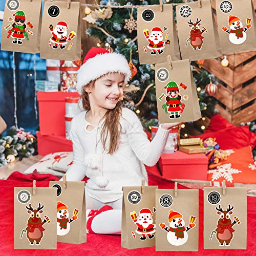 KATELUO 24 Pcs Calendario de Adviento de Navidad,24 Pcs Bolsas de Regalo Navidad,Bolsas de Papel de Bricolaje, adecuadas para diseño Personalizado y Hacer su Propia Bolsa de Calendario. (Marrón)