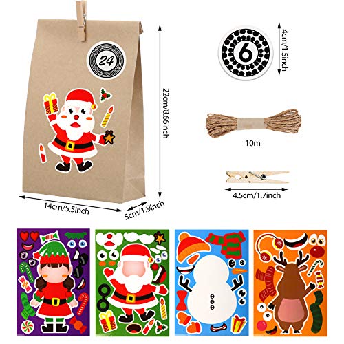 KATELUO 24 Pcs Calendario de Adviento de Navidad,24 Pcs Bolsas de Regalo Navidad,Bolsas de Papel de Bricolaje, adecuadas para diseño Personalizado y Hacer su Propia Bolsa de Calendario. (Marrón)