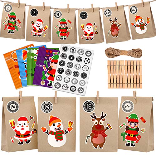 KATELUO 24 Pcs Calendario de Adviento de Navidad,24 Pcs Bolsas de Regalo Navidad,Bolsas de Papel de Bricolaje, adecuadas para diseño Personalizado y Hacer su Propia Bolsa de Calendario. (Marrón)