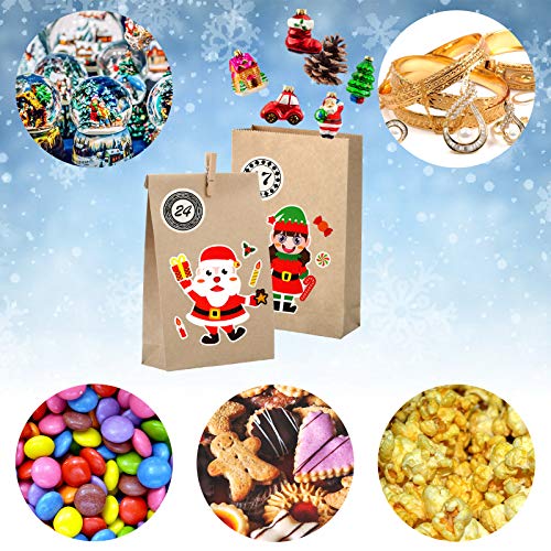 KATELUO 24 Pcs Calendario de Adviento de Navidad,24 Pcs Bolsas de Regalo Navidad,Bolsas de Papel de Bricolaje, adecuadas para diseño Personalizado y Hacer su Propia Bolsa de Calendario. (Marrón)