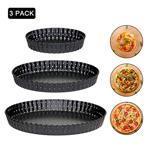 KATELUO 3 Piezas Molde para Pizza con Agujeros, Bandeja para Hornear Pizza con Base Desmontable,Recubrimiento Antiadherente,Negro,Acero al Carbono-Ø 12.7/20.3/22.8 CM