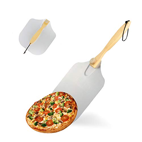 KATELUO Pala para Pizzas, Pala Pizza, Pala para Pizza con Mango de Madera, Palas para Pizzas Plegables, Pala de Pizza de Aluminio para Hornear Pizza, Pan, Pastel, Barbacoas