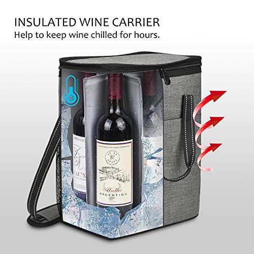 Kato - Bolsa de transporte para 6 botellas de vino, aislada, a prueba de fugas, acolchada, para viajes, camping y picnic, regalo perfecto para amantes del vino, color gris