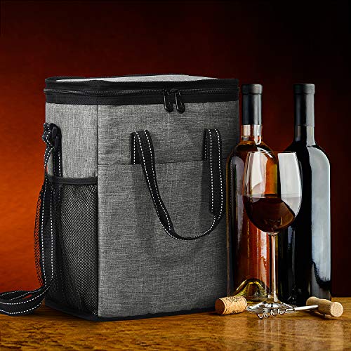 Kato - Bolsa de transporte para 6 botellas de vino, aislada, a prueba de fugas, acolchada, para viajes, camping y picnic, regalo perfecto para amantes del vino, color gris