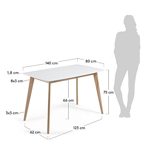 Kave Home - Mesa de Comedor Anit Rectangular 140 x 80 cm Blanca con Patas de Madera Fresno