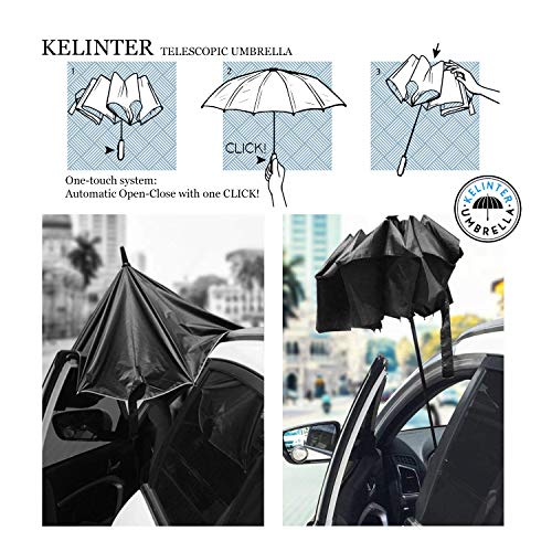 Kelinter Paraguas Plegable Mujer - Tela de Teflon Resistente, Impermeable y Protección del Sol - Botón Único - Resistencia Antiviento Fuerte, Mango de Madera Antideslizante - Clasico y Elegante (Gris)