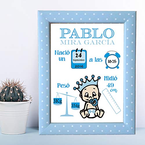 Kembilove Lámina de Nacimiento Personalizada con los datos del Bebe - Regalo Original Recién Nacido - Para Niño, Nene, Chico - Incluye: Lámina + Marco