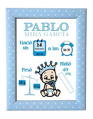 Kembilove Lámina de Nacimiento Personalizada con los datos del Bebe - Regalo Original Recién Nacido - Para Niño, Nene, Chico - Incluye: Lámina + Marco