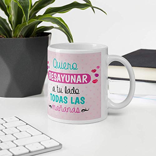 Kembilove Taza de Desayuno Quiero Besayunar a tu Lado para Parejas con Frases Graciosas - Regalo Original con diseños Coloridos para Parejas, San Valentín - Taza de café para Regalar Enamorados