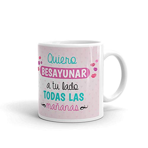 Kembilove Taza de Desayuno Quiero Besayunar a tu Lado para Parejas con Frases Graciosas - Regalo Original con diseños Coloridos para Parejas, San Valentín - Taza de café para Regalar Enamorados