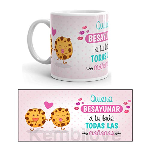 Kembilove Taza de Desayuno Quiero Besayunar a tu Lado para Parejas con Frases Graciosas - Regalo Original con diseños Coloridos para Parejas, San Valentín - Taza de café para Regalar Enamorados