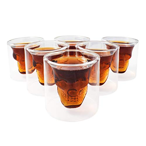 Kemes - Juego de 6 vasos de calavera de cristal con diseño de calavera, para vasos de chupito (75 ml)