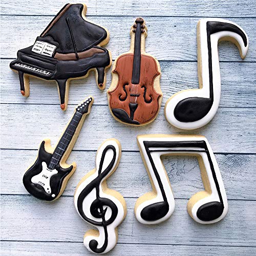 KENIAO Music Cookie Cutter Set – 6 piezas – Violín, Piano, Guitarra Eléctrica, Nota Musical, GClef y Octava Nota Galleta Fondnat Cortadores – Acero Inoxidable