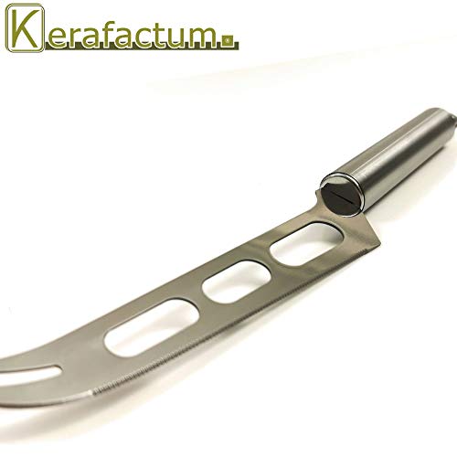 Kerafactum Cuchillo de Queso de Acero Inoxidable, también Adecuado para Queso Duro, Cuchillo con Mango Redondo, Ampliable, Cortador de Queso con Tenedor de Servir, Apto para lavavajillas