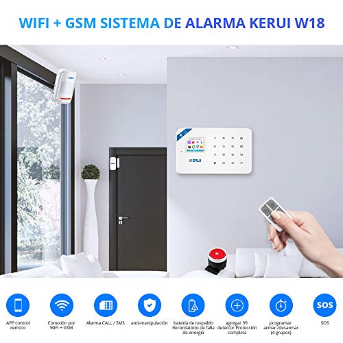 KERUI W18 Sistema de Alarma Inalámbrico 2.4G WiFi/gsm para el Hogar, Kits de Sistema de Alarma Antirrobo DIY con Control de Marcado Automático por SMS y App (iOS/Android), Fácil de Instalar